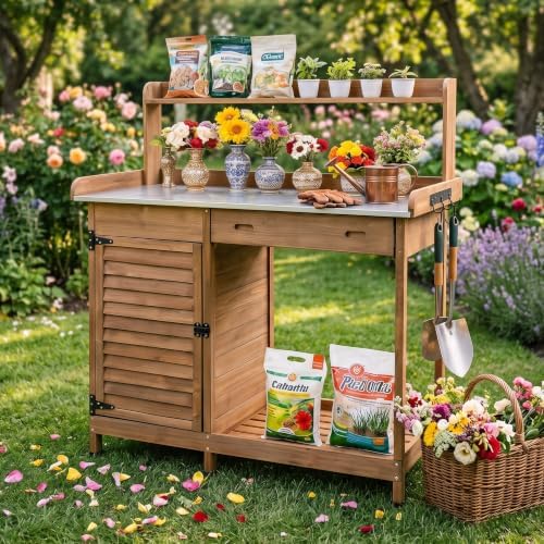 Outdoor Potting Bench Table, Wooden Weatherproof Garden Work Station with Sliding Drawer, Metal Table Top, Metal Hooks, Large Bottom Shelf, Open Shelf, Tool Hooks