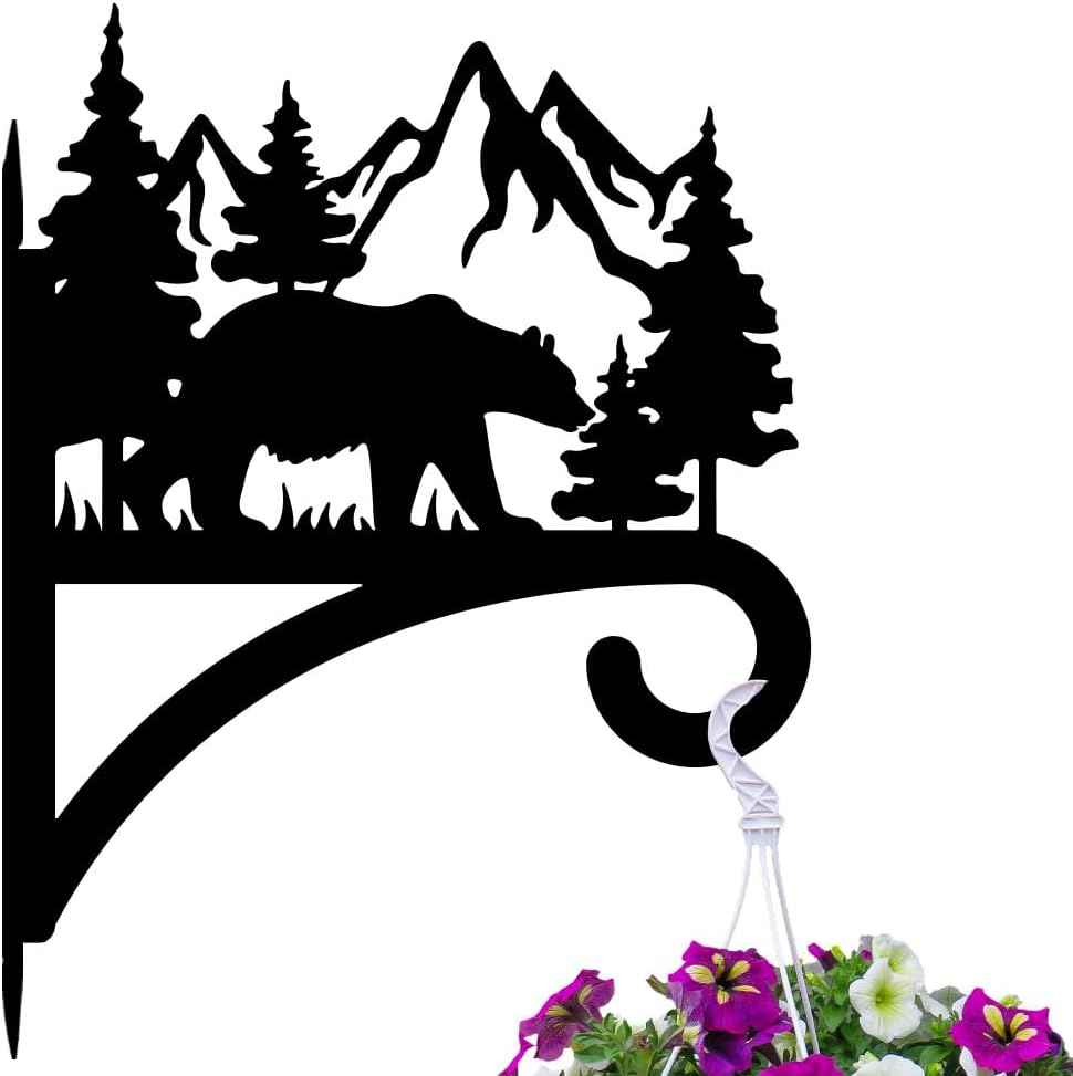 peacoblue Iron Plant Hanger Hook for Outdoor Indoor Hanging Plant Flower Fern Pot Lantern Bird Feeder,12"x15" Weather Resistant Metal Wall Holder for Porch Garden Farmhouse(Forest Bear and Mountain)