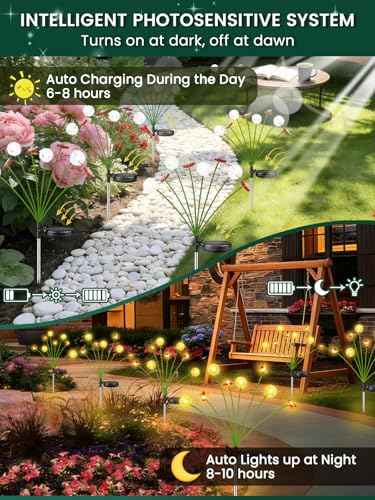 Solar Garden Lights Outdoor 6 Pack 48 LED Swaying Dandelion Bee Lights | 2 Modes (Steady on, Slow Twinkle),Cute Flower Pathway Lights for Yard Lawn Patio Party Garden Wedding Pathway Decorations