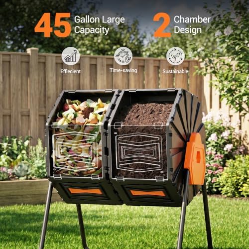 Composter Tumbler Outdoor, 45Gal Dual Chamber Batch Rotating Compost