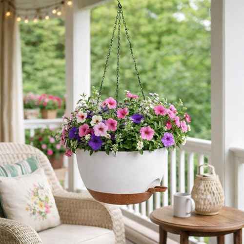 TYMENSH Hanging Plant Pots 12 Inch Set of 2, Self Watering Hanging Planters with Drainage Holes, Removable Saucer, Durable Plastic Flower Pots with Chains for Indoor Outdoor Plants, White