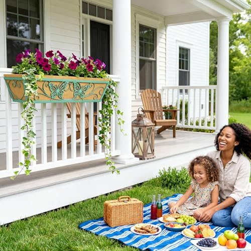 2 Pack 24 Inch Window Boxes Planter for Outdoor Plants Deck Railing Planters Box with Adjustable Brackets for Porch Fence Balcony Hanging Flower Baskets with Liner for Garden Décor - Green