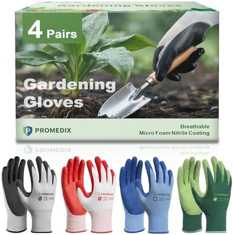 PROMEDIX P 4 Pairs Gardening Gloves for Women & Men, Breathable Nitrile Coated for Yard Working Garden Gloves Washable