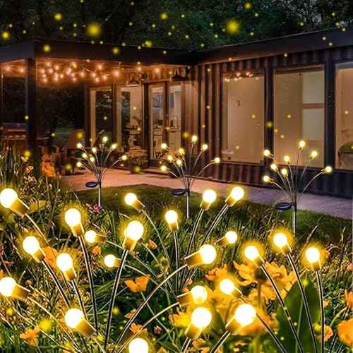 Solar Garden Lights Outdoor 8 Pack 64 LED Solar Firefly Lights Warm White | Auto ON/OFF, 2 Modes, Swaying with Wind, IP65 Waterproof Fairy Lights for Outside Yard, Path, Patio, Lawn, Flower Bed Decor