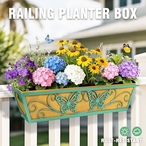 2 Pack 24 Inch Window Boxes Planter for Outdoor Plants Deck Railing Planters Box with Adjustable Brackets for Porch Fence Balcony Hanging Flower Baskets with Liner for Garden Décor - Green