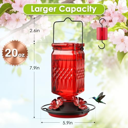 20oz Glass Hummingbird Feeder for Outdoors Hanging, Bird Nectar Feeder with 4 Bee Guard Flower-Shaped Feeding Ports & Built-in Ant Moat, for Bird Lover, Red (2 Pack)