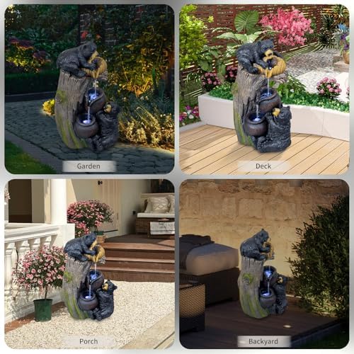 Bear Outdoor Water Fountain with LED Lights, 23.62" Cascading Fountain for Patio, Yard, Balcony, Garden Decor, Weather-Resistant Resin, Soothing Water Flow (Brown Grey)