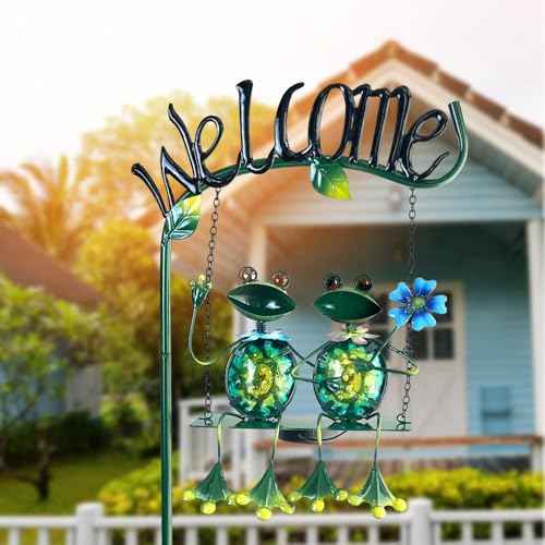 Solar Lights Outdoor Waterproof, Frog Swing Garden Decor, Frog Decorative Stake with Welcome Sign Landscape Patio Yard Gifts for Women Mom (48 inch)