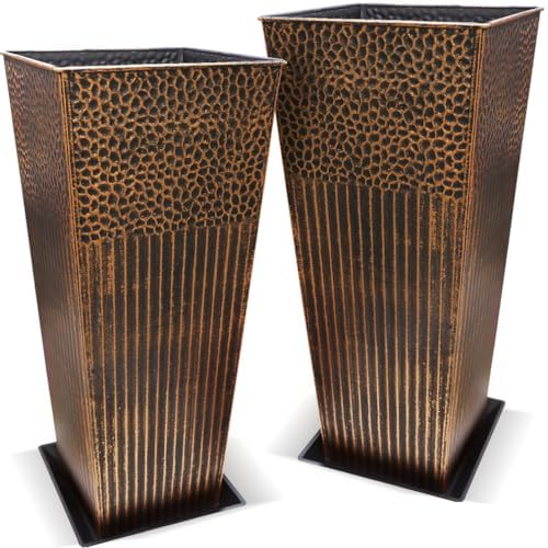2 Pcs Pack Metal Tall Tapered Planter Pots Steel Large Square Planter Flower Pot with Drainage Holes for Indoor Outdoor Deck Porch Garden Home Patio Front Door (Antique Copper, 28" H.)
