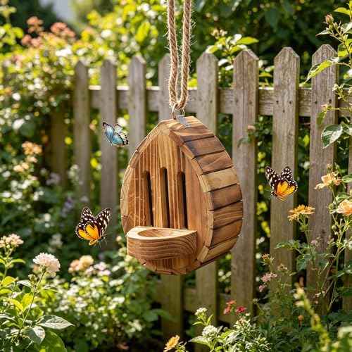 Butterfly House Butterfly Habitat Garden - Wooden Butterfies Houses with Feeder Hanging Garden Decoration Natural Butterfly Habitat Nesting Box for Butterflies Bugs Moths & Lacewings