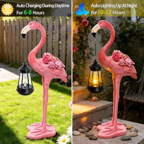 Flamingo Solar Garden Statue, 18.9 Inch Flamingo Figurine with Hanging Solar Lanterns, Outdoor Garden Decor Tropical Sculpture Statues for Patio Yard Porch, Birthday Gifts for Mom Women Mother's Day
