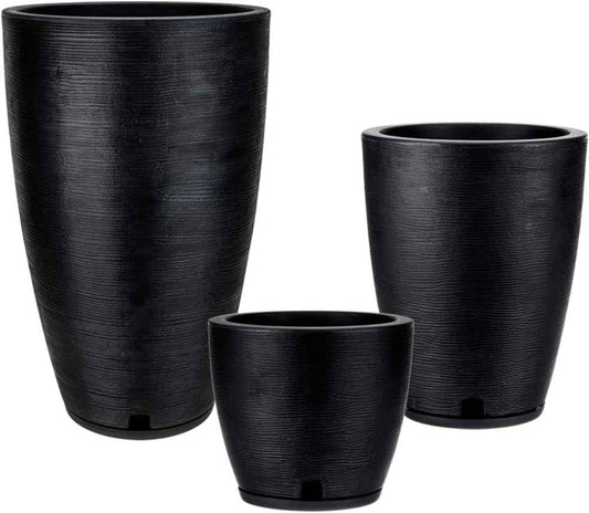 Floridis Plastic Plant Pot, Black, Set of 3 (11+17+25 inch) with Drainage Hole and Saucer. Outdoor and Indoor Set of Black planters for patios, Front Porch.