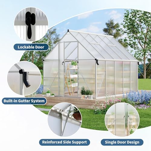 8x10 FT Greenhouse for Outdoors, Polycarbonate Greenhouse with Roof Vent, Lockable Door, Aluminum Walk-in Green Houses for Outside Garden Backyard, Sliver
