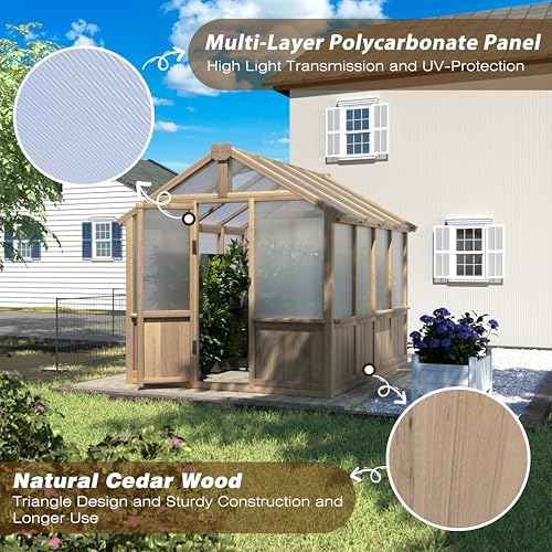 Mupater 6 x 8 FT Wooden Polycarbonate Greenhouse with Ventilated Window and Lockable Door, 6mm MWPC Panels for UV Protection, Walk-in Greenhouse for Outdoors, Backyard, Brown