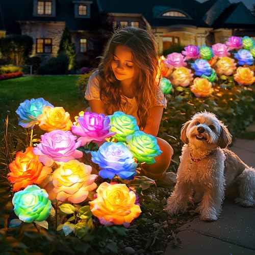 Solar Flower Lights Rose Decor: 6 Pack Solar Garden Lights Outdoor | Color Changing, Auto on off for 12-15h Lighting, IP65 Weatherproof, High-Efficiency Solar Panel for Yard Pathway Patio Decor