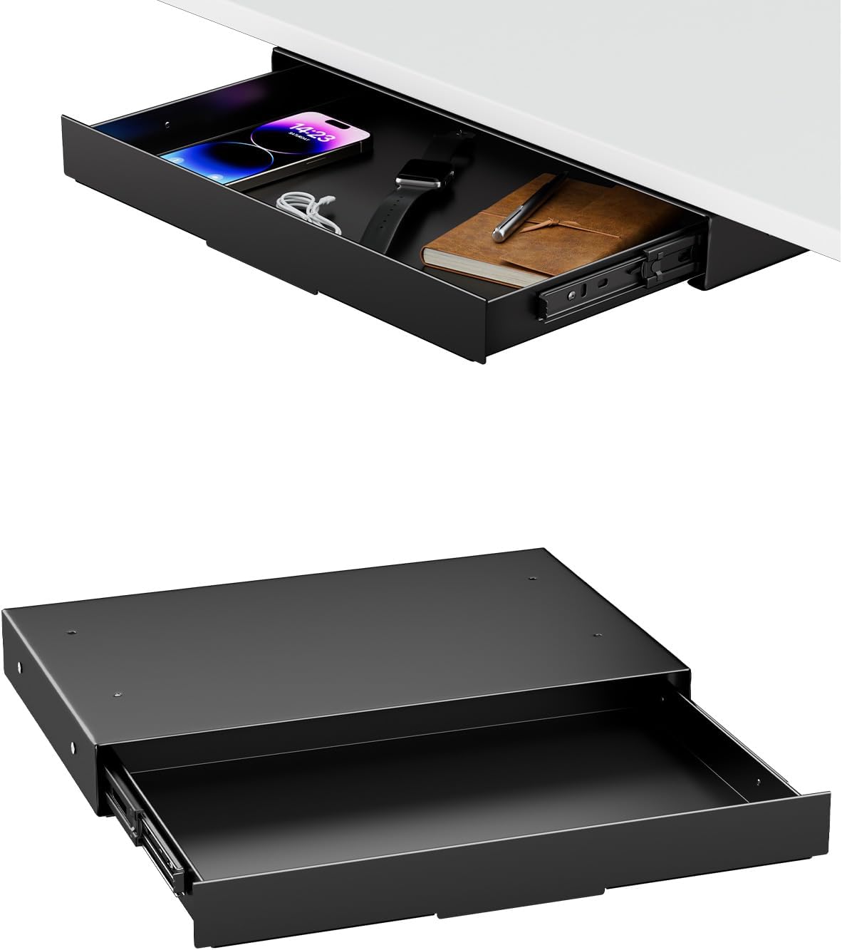 PUTORSEN Under Desk Storage Drawer 14.8" Wide - Smooth Slide Out Organizer for Standing Desk & Home Office, Max Load 17.6 lbs, Quiet Glide, Black - Field & Nook