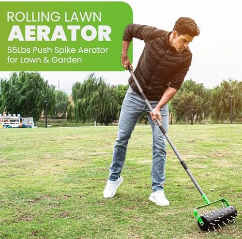 Manual Lawn Aerator Roller Tool 42 Steel Spikes, 57-in Rolling Lawn Aerator