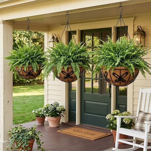 3 Pack Hanging Baskets for Plants Outdoor 12 Inch Butterfly Metal Hanging Planters with Coco Coir Liner, Round Hanging Flower Basket for Home Garden Patio Balcony Porch