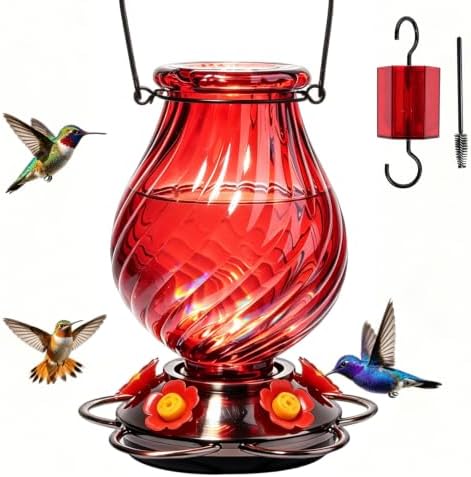 32oz Large Glass Hummingbird Feeders for Outdoors Hanging,Large Capacity Red Hummingbird Feeder with Built-in Ant Moat,Glass Humming Bird Feeder,Gifts for Mom Dad,Outside Garden Décor