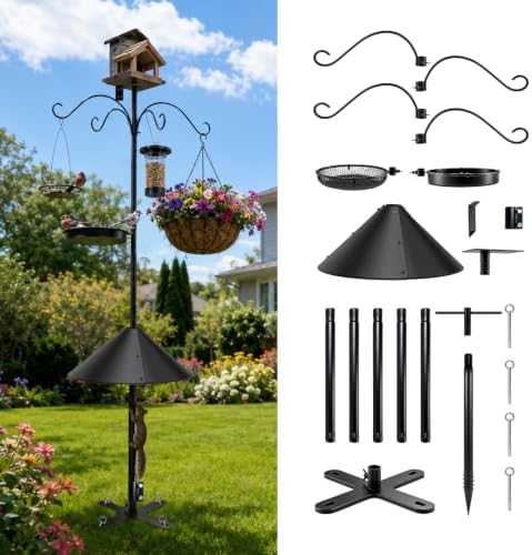 92 Inch Squirrel Proof Bird Feeder Pole with X shape Base Plate, Heavy Duty 1 Inch Dia Bird House Pole, Adjustable Multi-Hook Bird Feeding Station with Squirrel Baffle, Water Bowl & Mesh Tray