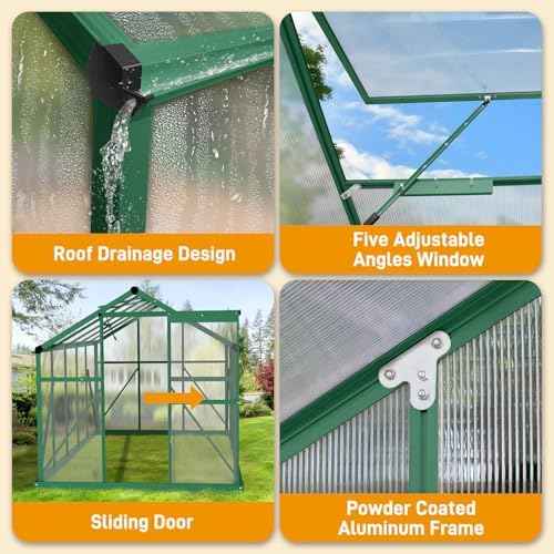 Vingli Greenhouse for Outdoors, Polycarbonate Heavy Duty Green House with Roof Vents for Winter, Aluminum Tunnel Large Walk-in Greenhouse for Outside Garden Backyard, Easy Setup (6x10FT - Green)