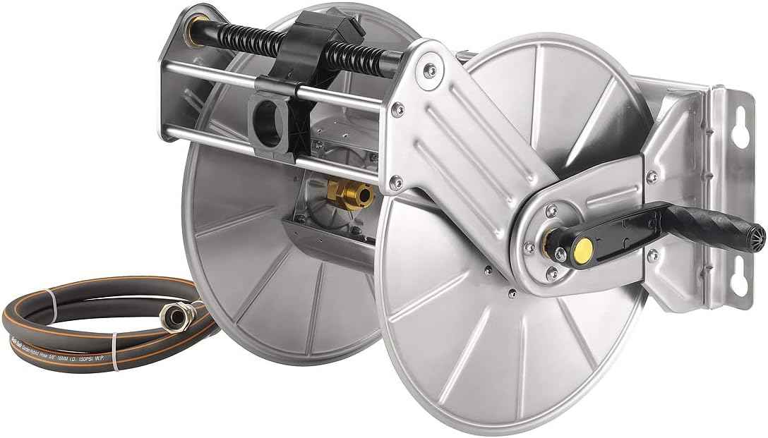 Giraffe Tools Stainless Steel Garden Hose Reel Heavy Duty, Wall/Floor Mounted Stainless Water Hose Reel Retractable with Crank, 150-Feet 5/8" Hose Capacity