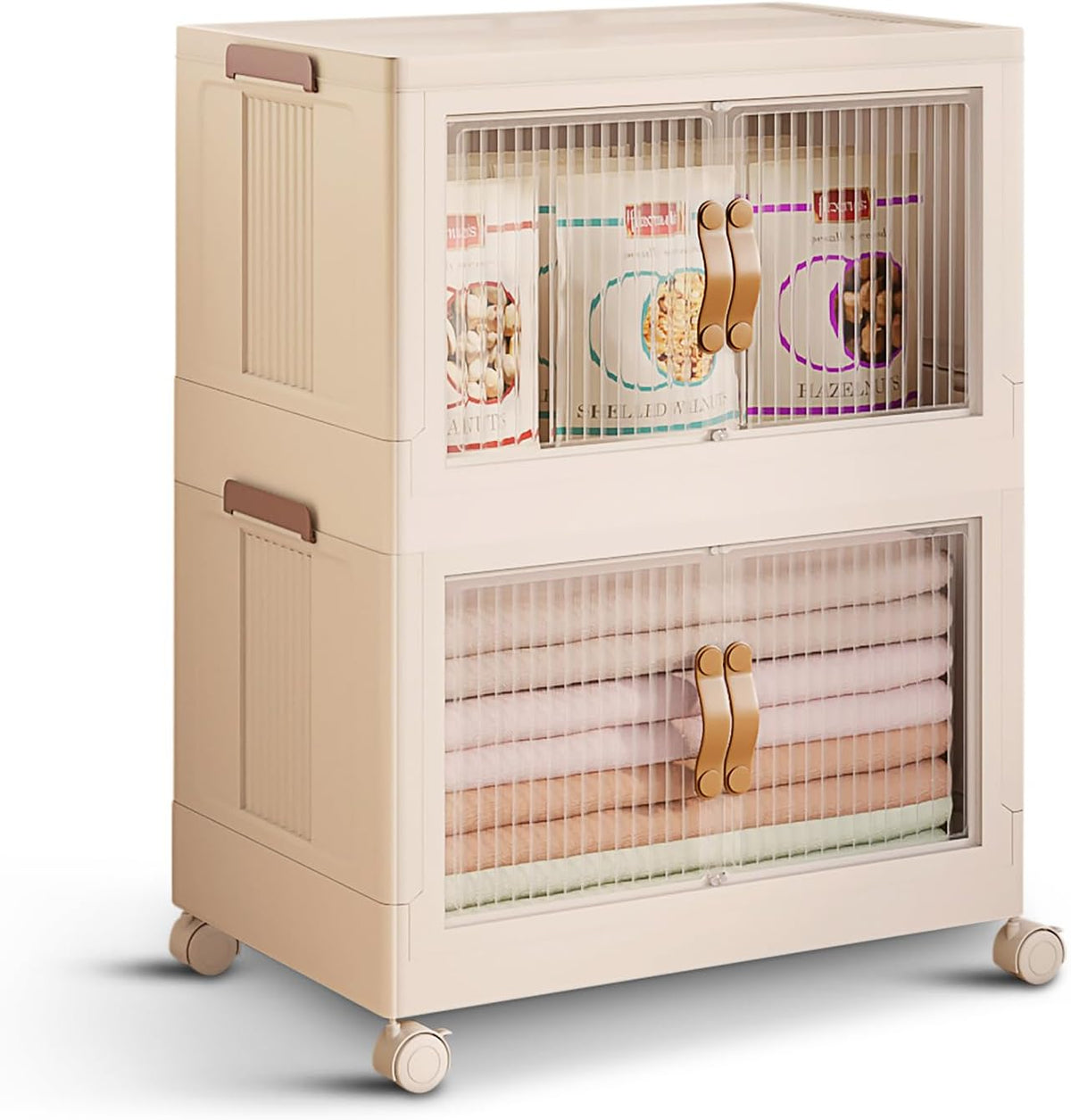 2 Tier Plastic Stackable Storage Bins Open Front with Lids & 360° Wheels 35 QT - Collapsible Storage Bins Home Office Closet Storage Organization, Foldable Clothes Storage Cabinet, 8.8 GAL - Field & Nook