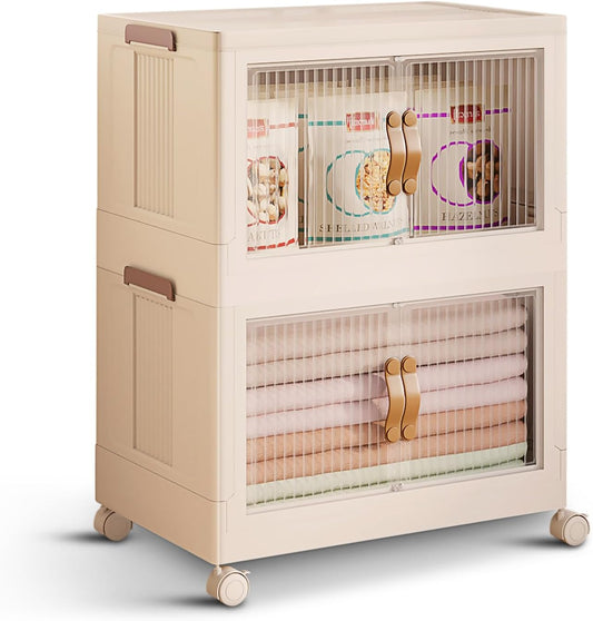 2 Tier Plastic Stackable Storage Bins Open Front with Lids & 360° Wheels 35 QT - Collapsible Storage Bins Home Office Closet Storage Organization, Foldable Clothes Storage Cabinet, 8.8 GAL - Field & Nook