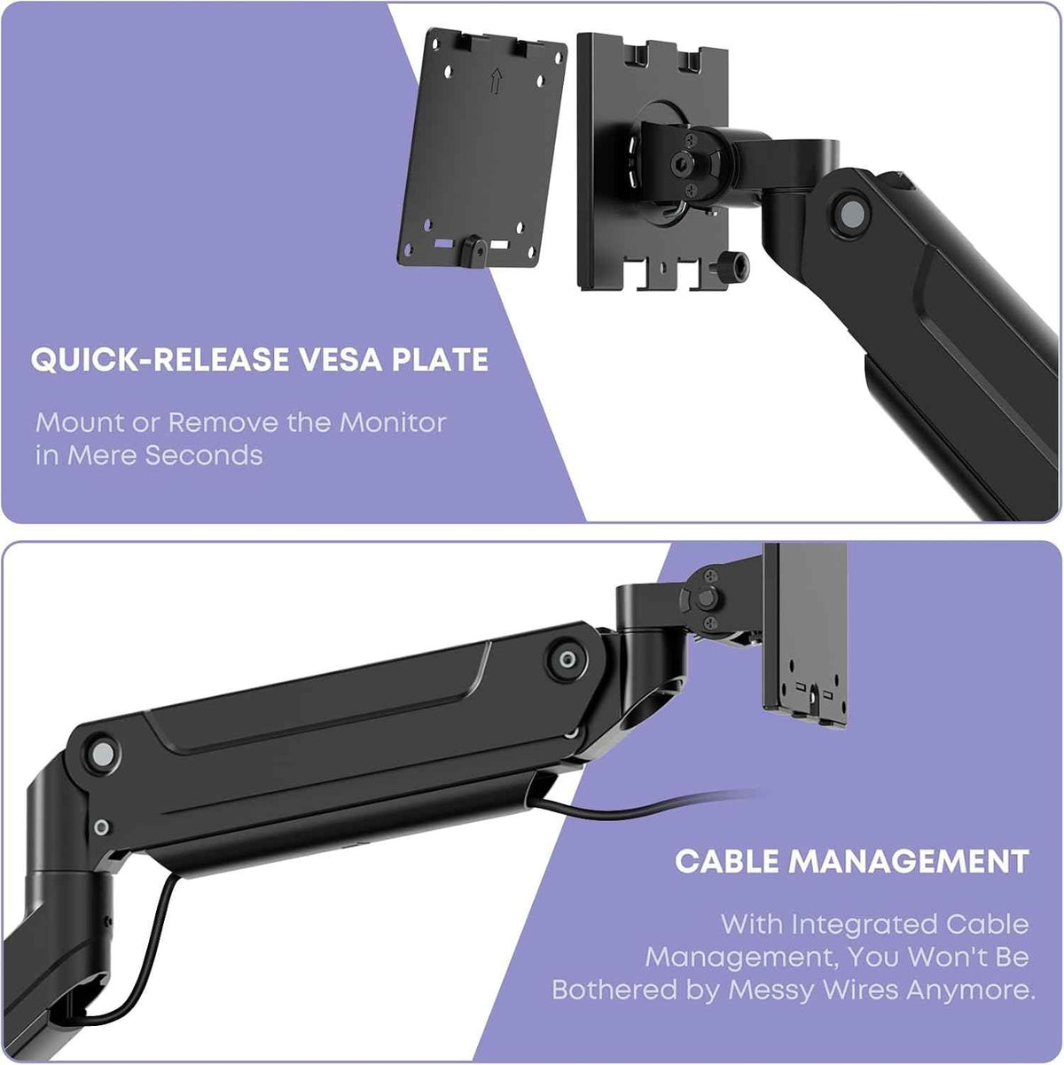 Heavy Duty Monitor Arm for Ultrawide Screens up to 49 inch and 39.6lbs, Premium Aluminum Single Desk Mount Stand with Gas Spring, VESA 75x75/100x100