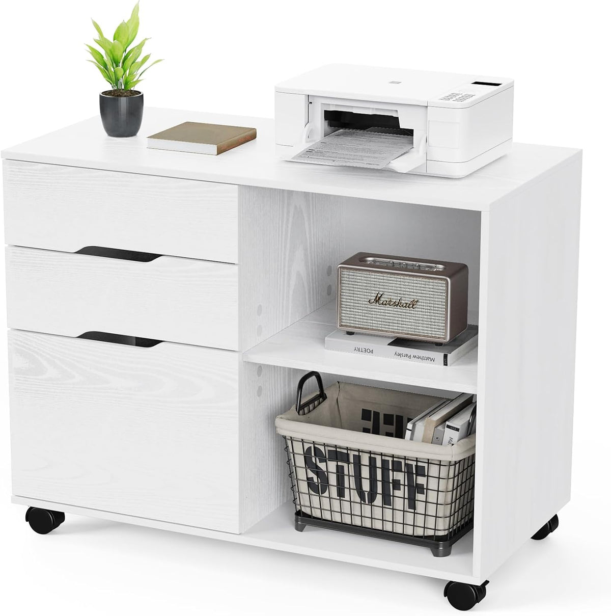 OLIXIS 3 Drawer Lateral File Cabinet, Rolling Printer Stand with Storage | Mobile Filing Cabinet Fits Under Desks, Holds A4/letter Files with Hanging Frame and Lockable Wheels, White - Field & Nook