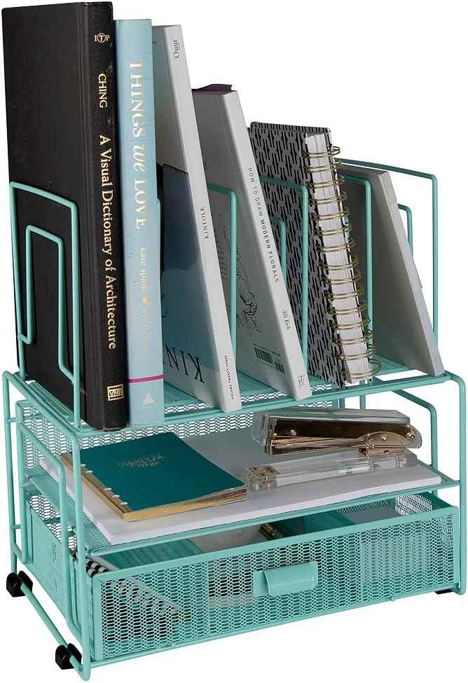 BLU MONACO Mint Green Desk Organizer With File Sorters and Drawer | Metal Mesh Desktop Storage for Office Supplies, Papers, Devices and Folders | 9.3”D x 12.5”W x 14”H All-In-One Workspace Holder