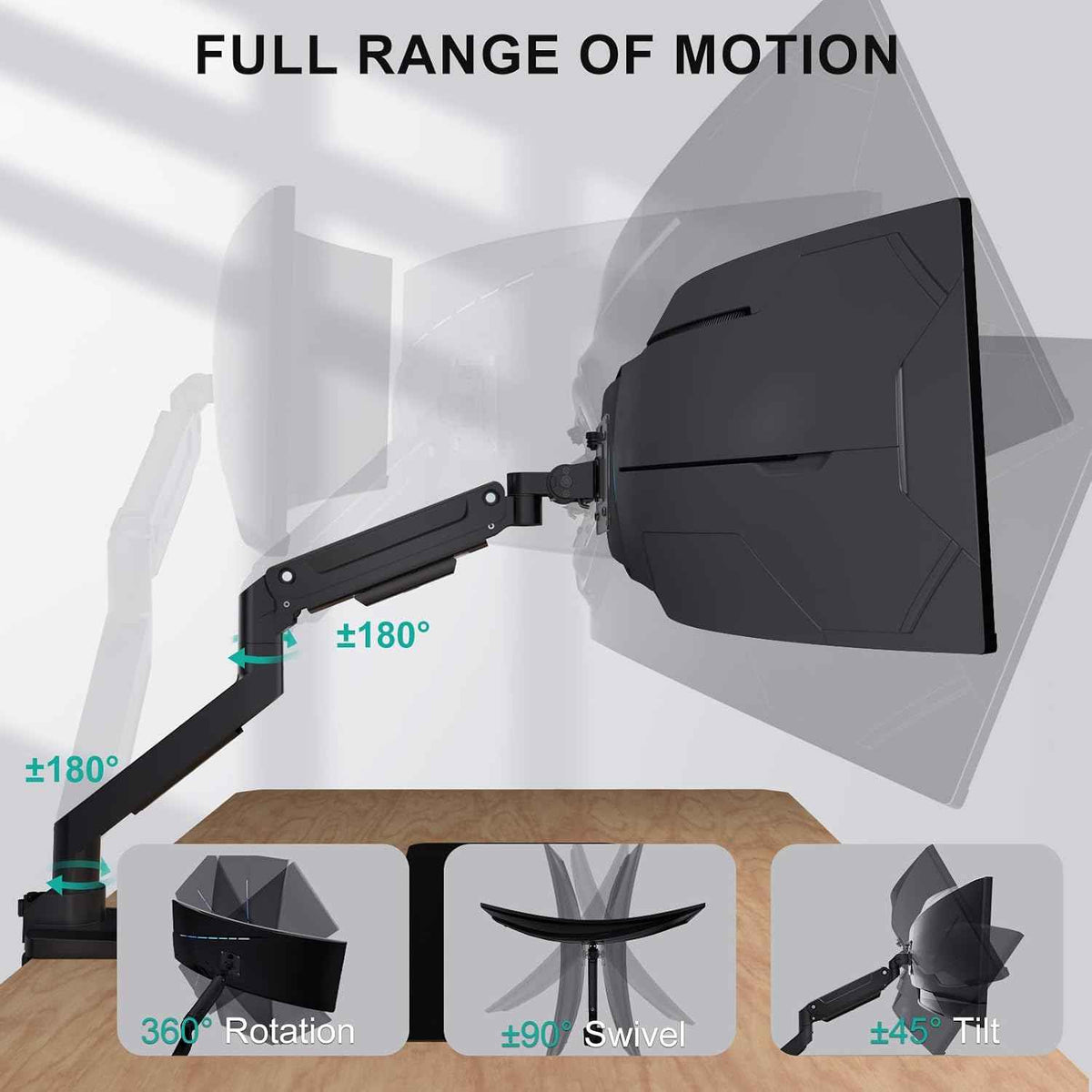 WALI Heavy Duty Monitor Arm for 13-49 inch 1000R Curved Screens，up to 44lbs | Ultrawide Monitor Desk Mount，Full Motion with Tilt, Swivel, Rotation, C-Clamp & Grommet Base, VESA 75/100mm (GSM001XL), Black