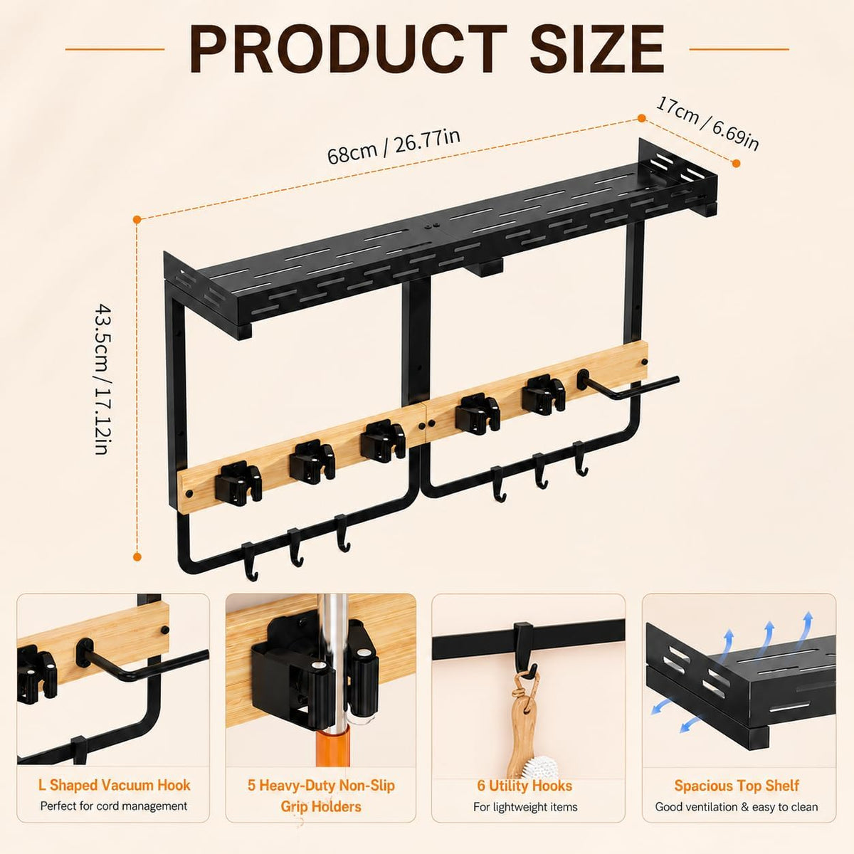 Large Broom Mop Holder Wall Mount with Shelf,5 Grips,6 Hooks,Vacuum Hook | 3-in-1 Cleaning Supplies Organizer,Broom Organizer,Top Shelf with Railing,Storage Rack for Laundry Utility Garages Kitchens, - Field & Nook