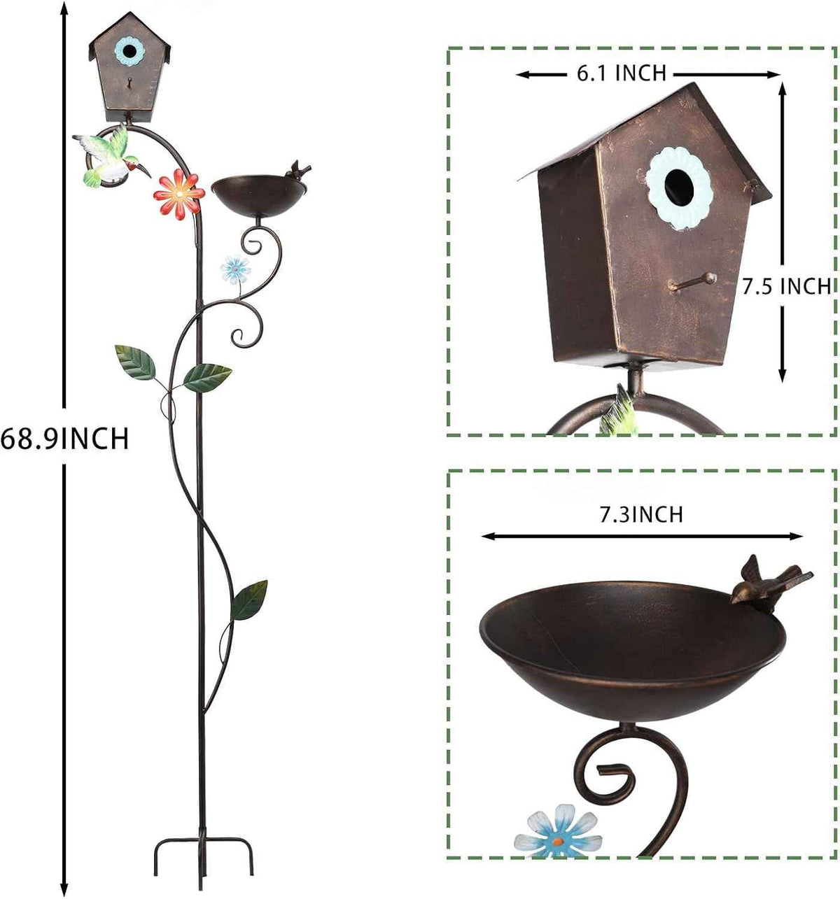 Yinns Metal Bird House, Decorative Birdhouse Stake with Bowl for Yard Decor | 69“ Bird House with Baths Bird Pole, Heavy Duty Birdhouse Stake for Outdoor Metal Bird Bath Bowl for Outside Garden Decor