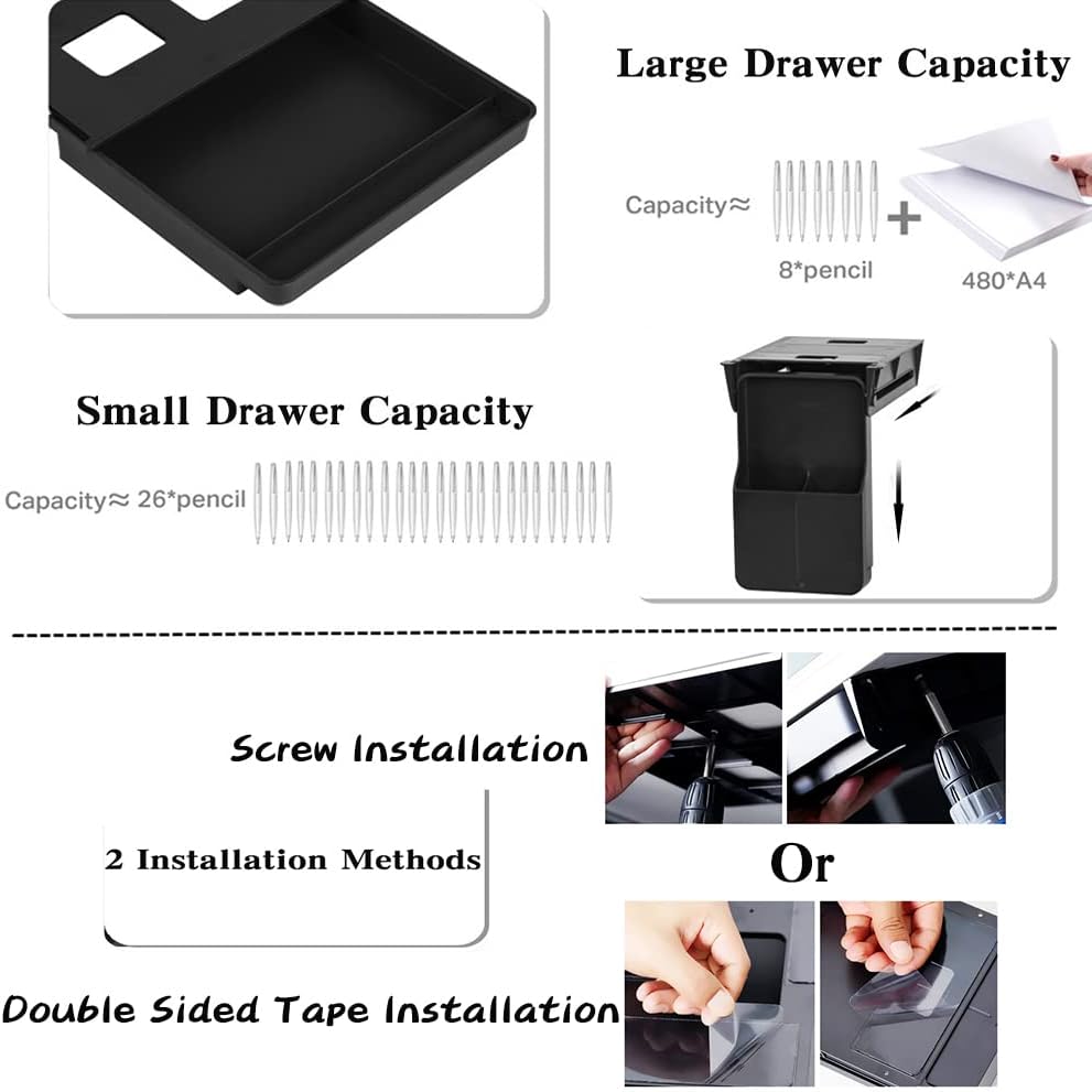 Under Desk Drawer Storage Organizer - 2 Pack (Large and Small) Black - (Please Note - Drawer Size/No Lip Under Desktop) - 2 Installation Methods (Screw or Adhesive) - Field & Nook