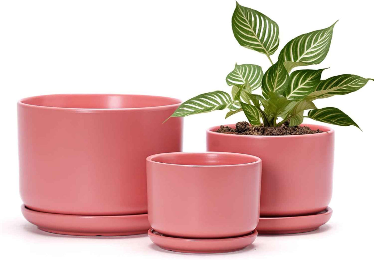 Ton Sin Plant Pots, 4.1+5.1+6.5 inch, Set of 3, Ceramic Planters with Drainage Hole and Saucer, Indoor Flower Pot with Hole Mesh Pad, Gifts for Mom(Matte Orange)
