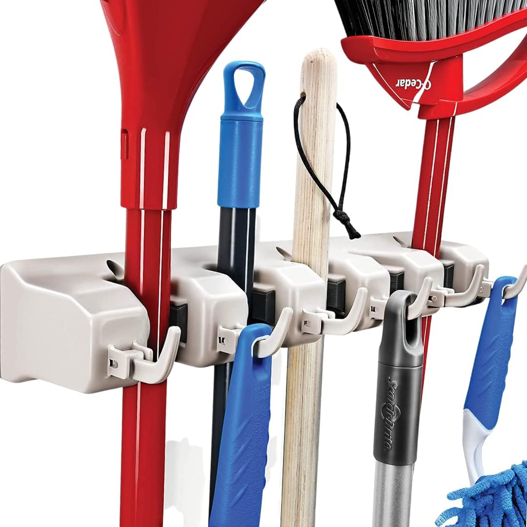 HOME IT Broom and Mop Holder Wall Mount – Heavy Duty Garage Organizer with 5 Slots & 6 Hooks, 7.5lbs Capacity Per Slot - Easy Install Storage Rack for Home, Kitchen, Laundry Room & Garden - Off-White - Field & Nook