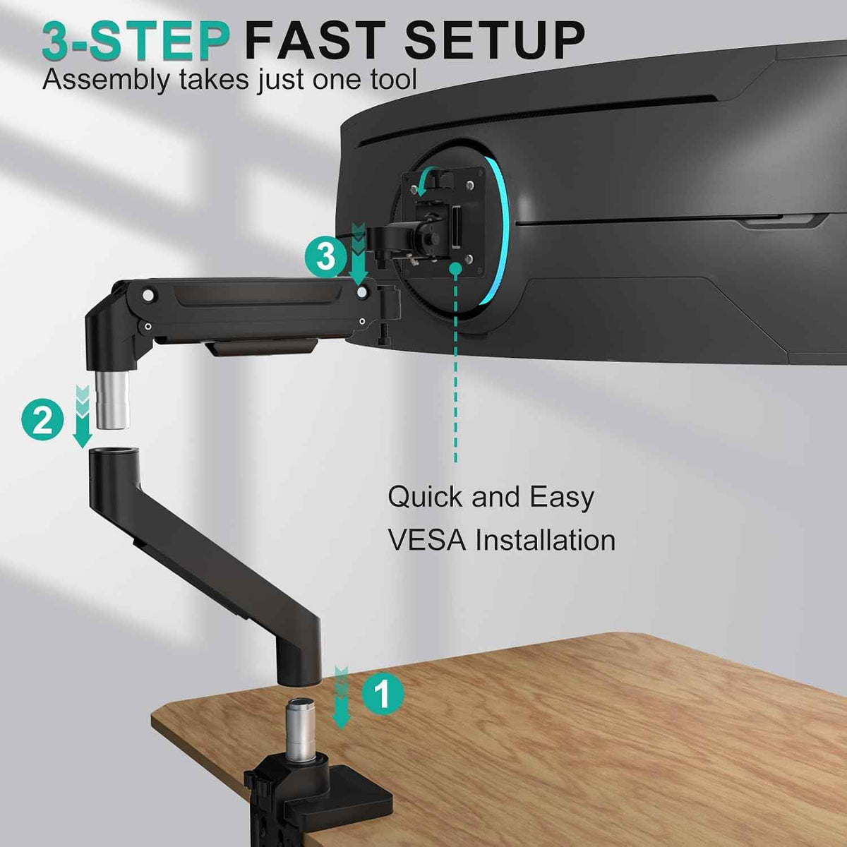 WALI Heavy Duty Monitor Arm for 13-49 inch 1000R Curved Screens，up to 44lbs | Ultrawide Monitor Desk Mount，Full Motion with Tilt, Swivel, Rotation, C-Clamp & Grommet Base, VESA 75/100mm (GSM001XL), Black