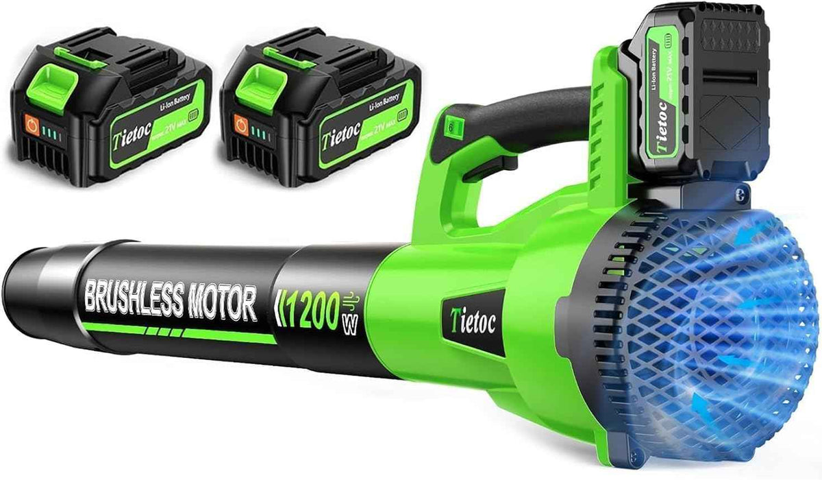 Tietoc Leaf Blower Cordless, 1200W Brushless Electric Leaf Blower with 2 X 4.0Ah Battery, 6 Speed Powerful Leaf Blowers for Garden, Patio, Lawn Care, Gift for Men Dad Husband Fathers (Green)
