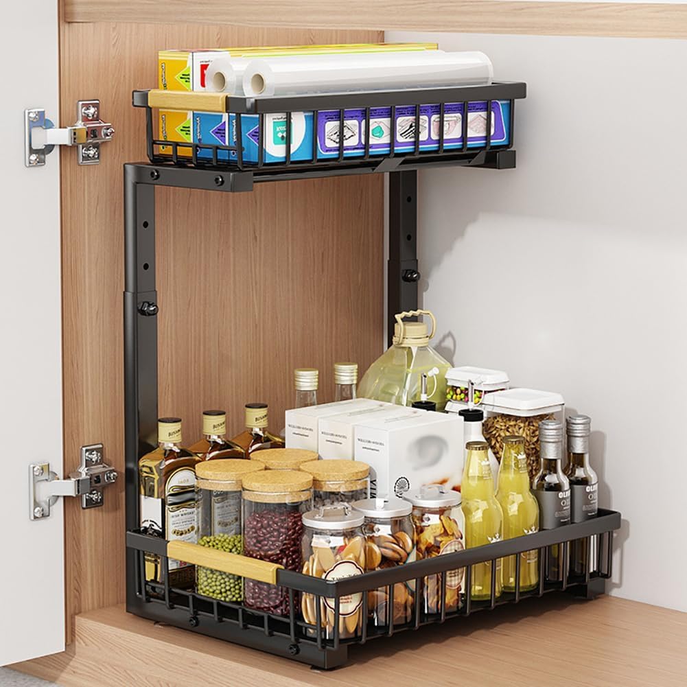 Takywep 2 Tier Pull Out Cabinet Organizer, Adjustable Under Sink Slide Out Shelf with L-Shape Design, Metal Storage Basket for Kitchen, Bathroom Counter Organization - Field & Nook