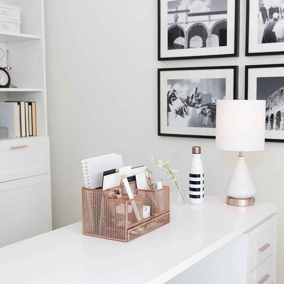 BLU MONACO | Rose Gold Desk Organizer with Sticky Note & File Holder | Metal Mesh Desktop Organizer with Large Drawer & 8 Compartments | Stylish Office, Vanity & Countertop Storage