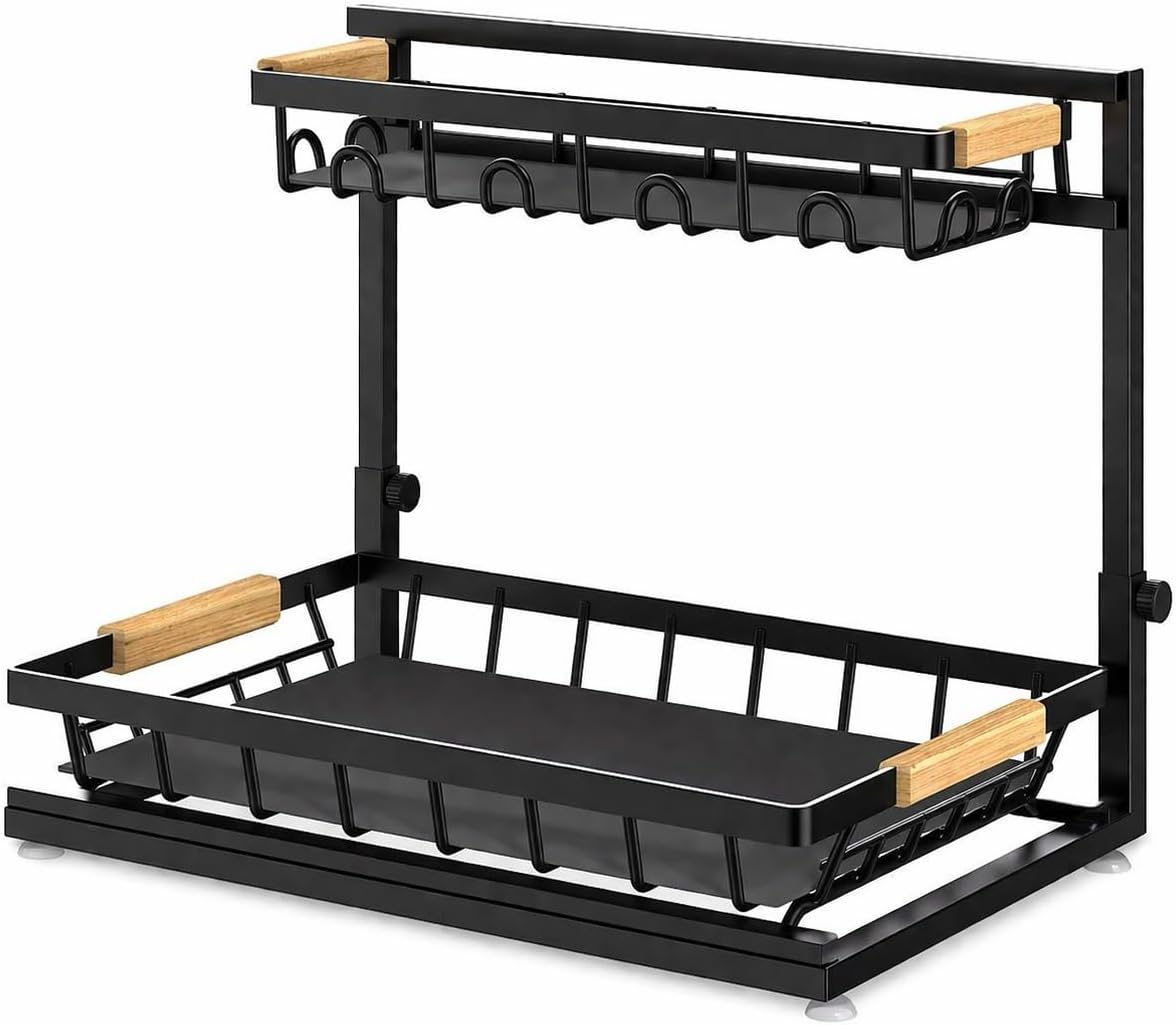 L-Shaped Adjustable 2-Tier Under Sink Organizer – Sliding Metal Storage Shelf for Kitchen & Bathroom Cabinets (Black) - Field & Nook