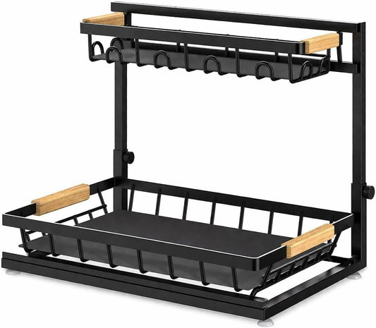 L-Shaped Adjustable 2-Tier Under Sink Organizer – Sliding Metal Storage Shelf for Kitchen & Bathroom Cabinets (Black) - Field & Nook