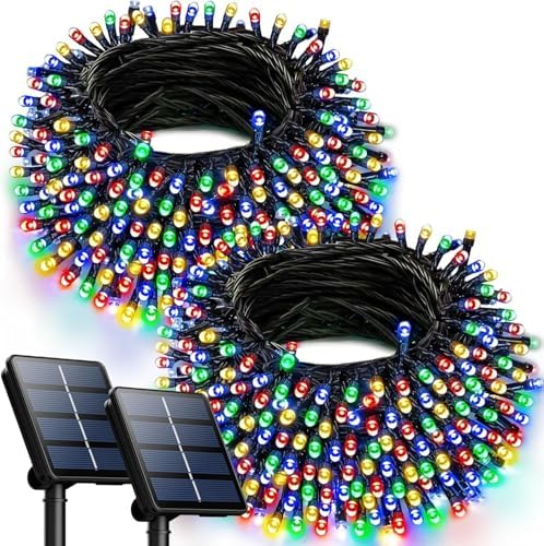 OZS 2PK 240LED Multicolor Solar Christmas Lights Outdoor Waterproof,String Lights for Outside, Green Wire Solar Tree Lights with 8 Lighting Modes for Xmas Wedding Party Christmas Decor