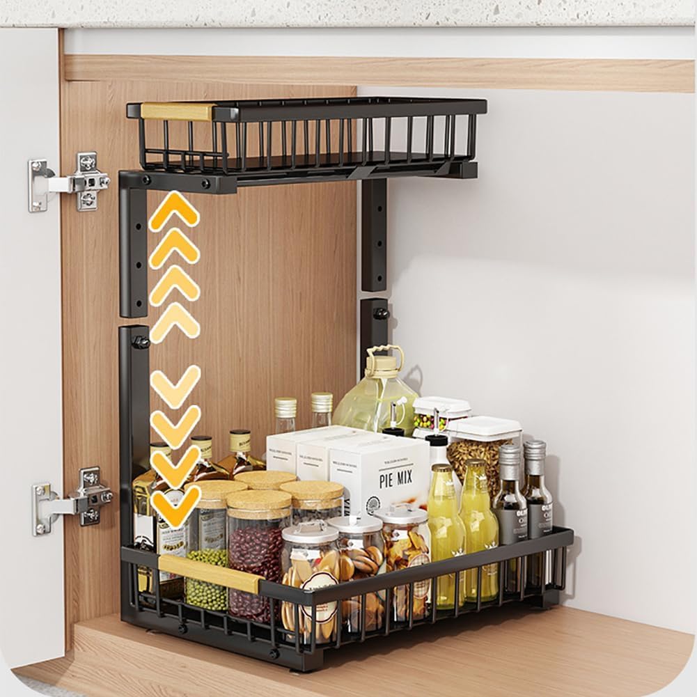 Takywep 2 Tier Pull Out Cabinet Organizer, Adjustable Under Sink Slide Out Shelf with L-Shape Design, Metal Storage Basket for Kitchen, Bathroom Counter Organization - Field & Nook