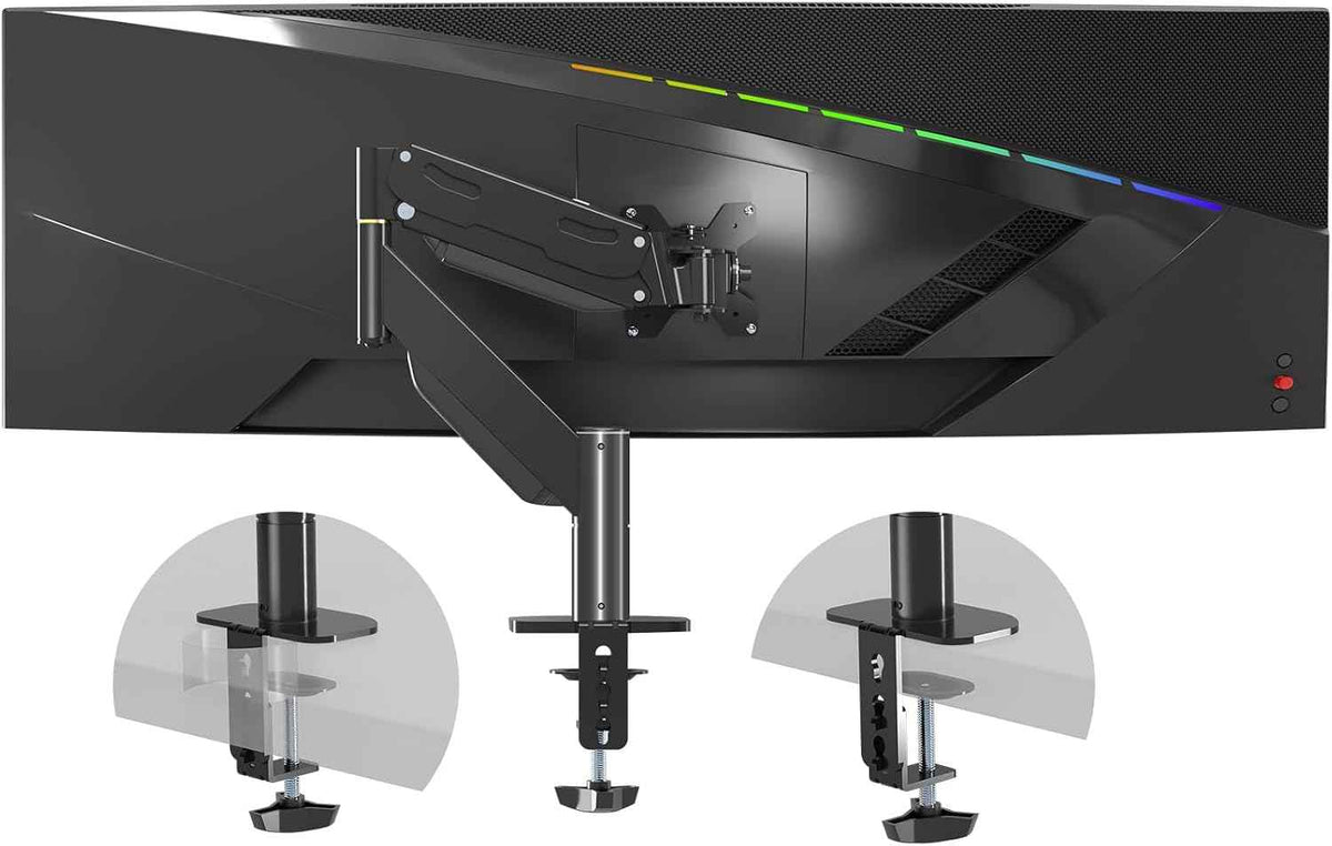 Pholiten Heavy Duty Monitor Arm for up to 49 inches | Ultrawide Monitor Mount, Adjustable Gas Spring Arm, Clamp/Grommet Mounting Base