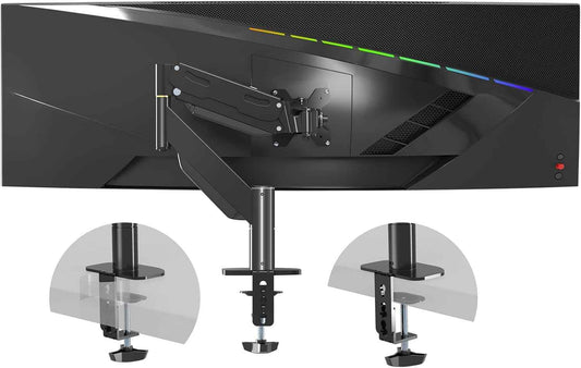 Pholiten Heavy Duty Monitor Arm for up to 49 inches | Ultrawide Monitor Mount, Adjustable Gas Spring Arm, Clamp/Grommet Mounting Base