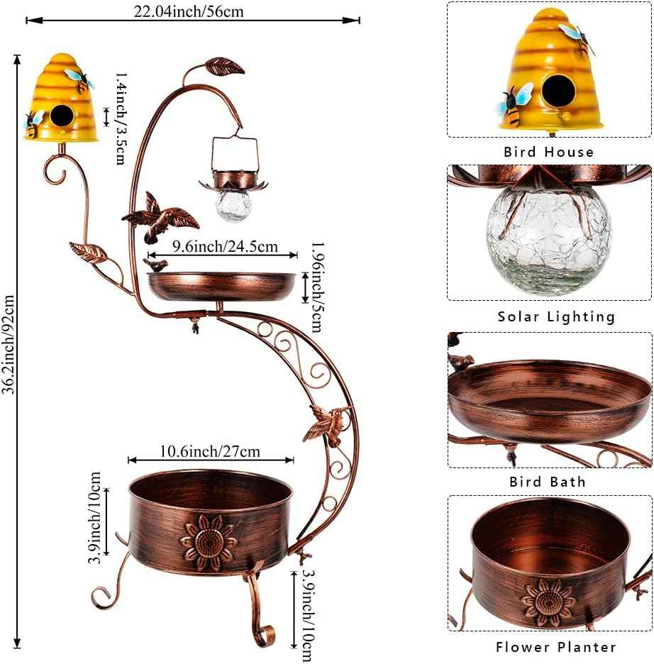 DREAMSOUL Solar Bird Bath with Bird House, 3 in 1 Bird Bath for Outside with Flower Planter, Metal Birdbath with Solar Light for Garden Yard Decor