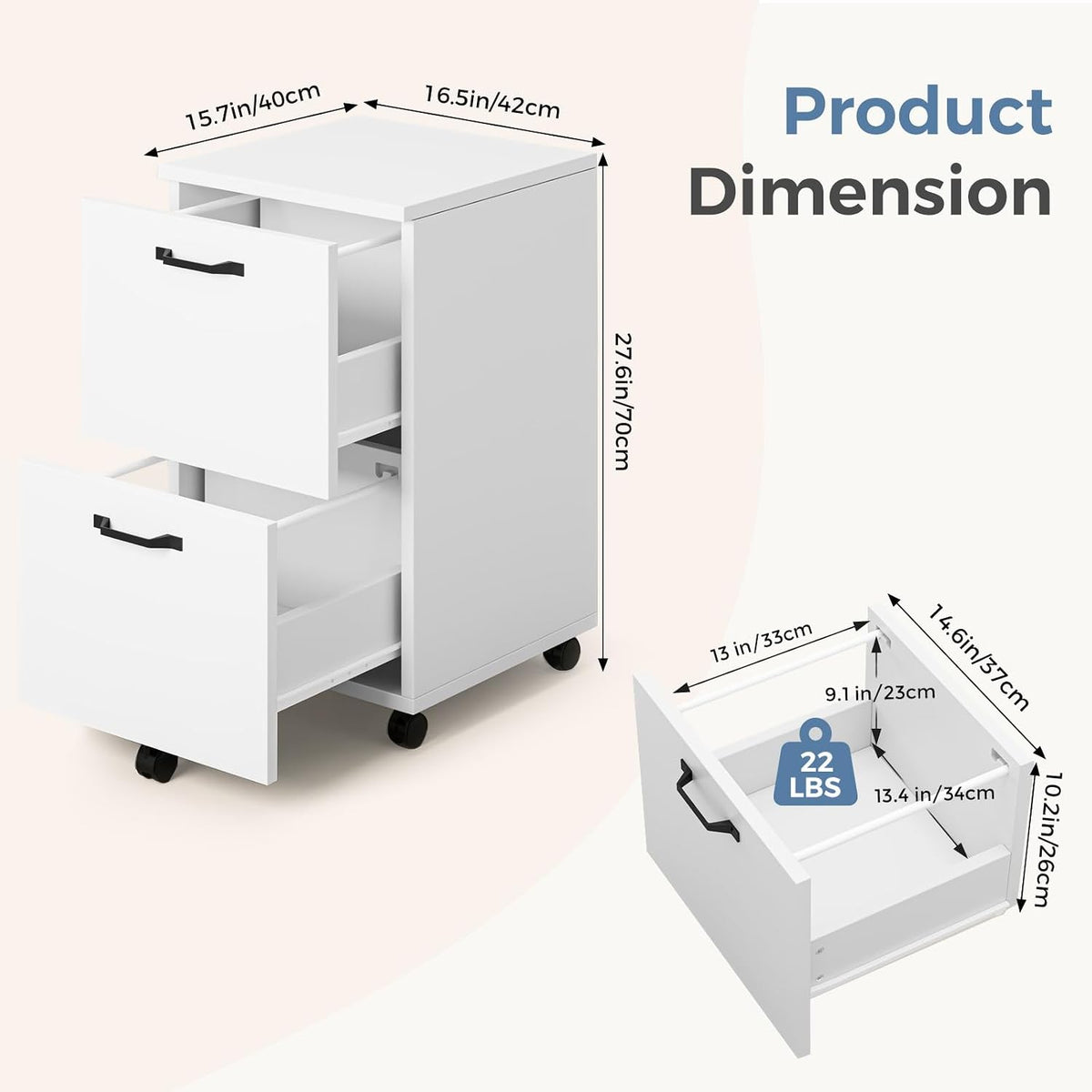 DUMOS 2 Drawer Filing Cabinet, Rolling Under Desk Storage, White | Not for Hanging Files, Printer Stand, Lockable Wheels, Mobile Wood Home Office Organizer - Field & Nook