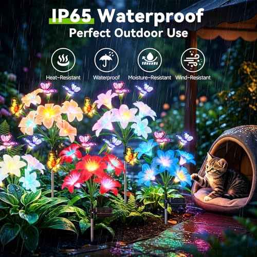 4 Pack Solar Garden Lights Outdoor, 7 Color Changing Lily Flower Lights | Silk lily Petals With Butterflies, 32 Warm LEDs, 800mAh Solar Power, IP65 Waterproof for Gardens, Patios, Flower Beds, Yards
